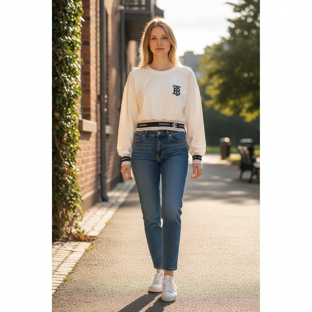 White Cropped Long Sleeve Top TB Monogram Logo Opaque Sheer Taped Hem Streetwear